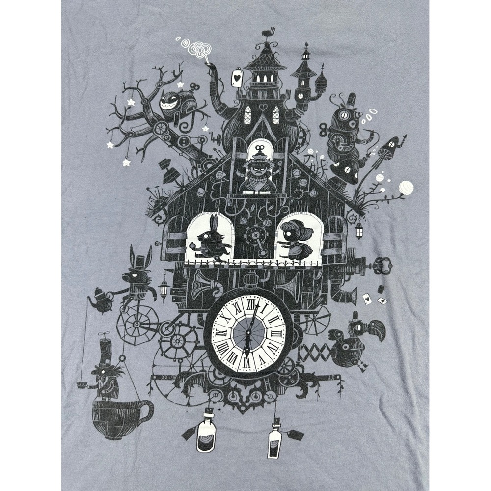 Shirt.Woot Mens XL Gray Steampunk Cuckoo Clock Graphic Tee Alice Style Shirt